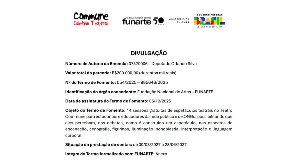 Peça de divulgação das 14 sessões gratuitas de espetáculos teatrais no Teatro Commune